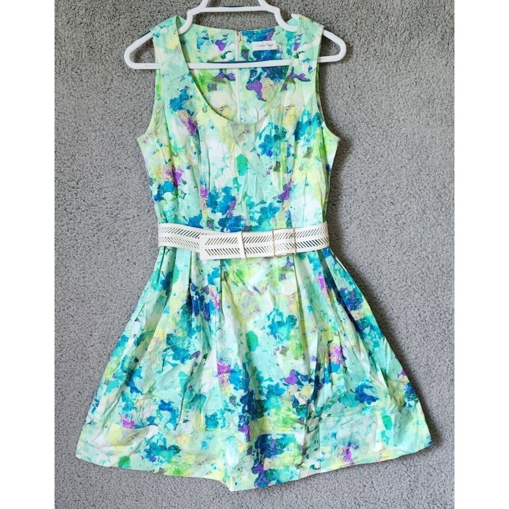 Calvin Klein Belted Sleeveless Fit & Flare A Line Dress‎ Pleated Floral Size 8